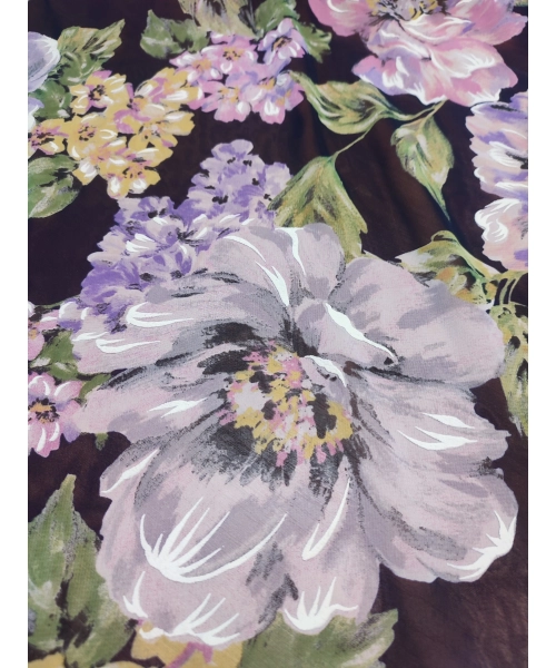 Czarna tkanina szyfon z wzorem - pastelowe kwiaty piwonii